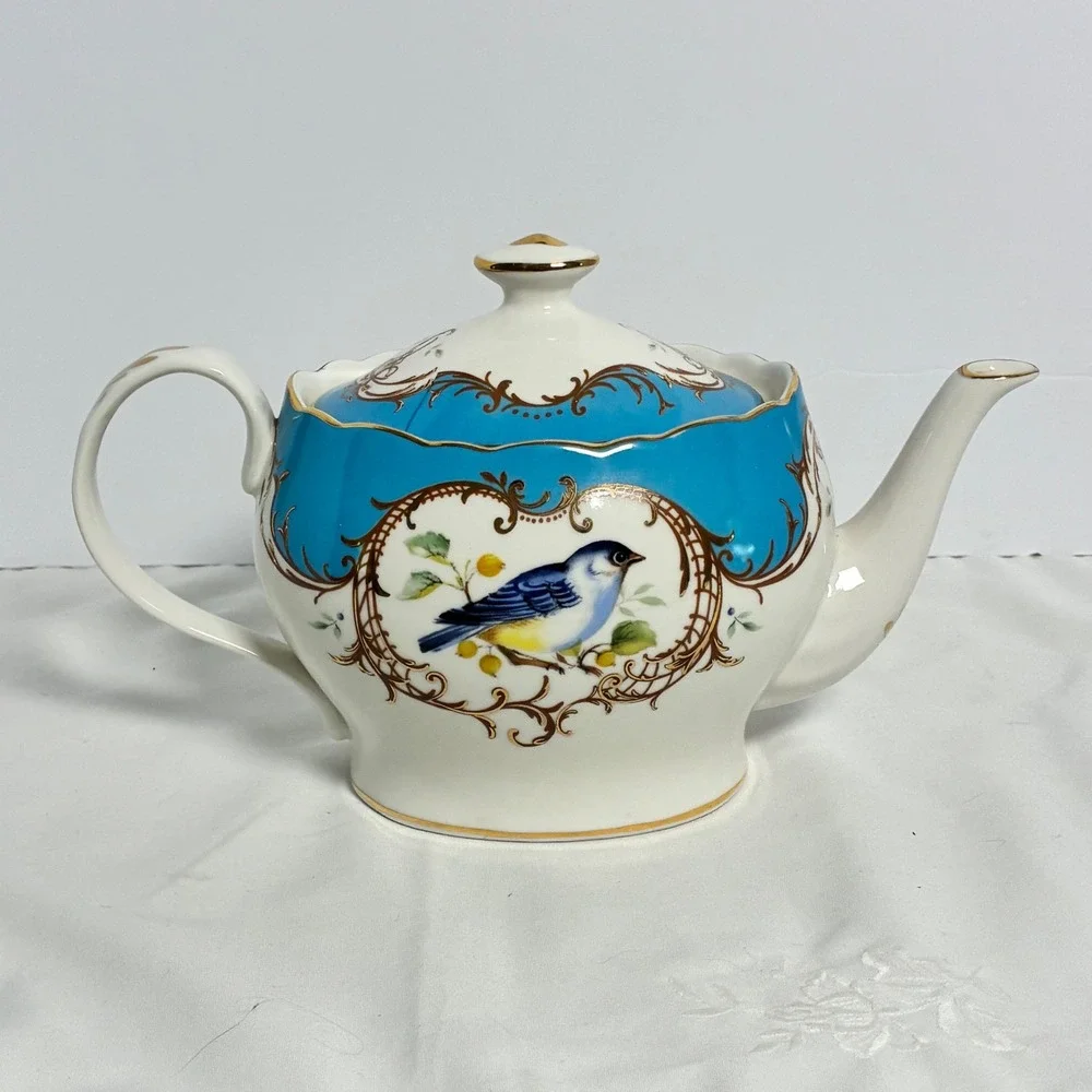 Grace Teaware Teapot Turquoise Gold Bird Filigree Scalloped Grandmillennial